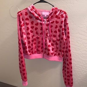 Sugar Thrillz pink velour cropped hoodie with red hearts